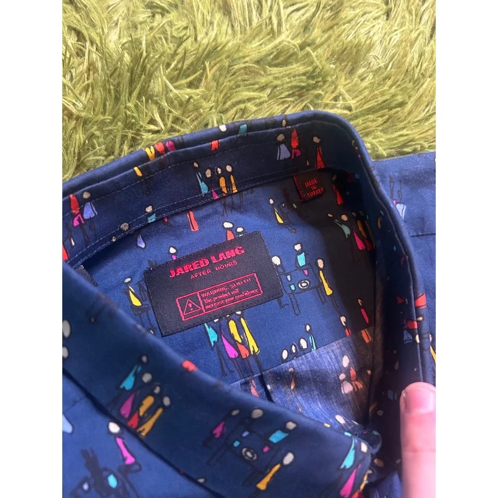 Jared Lang Button Down Men L Navy Blue AfterHours Slim Fit Abstract People Print